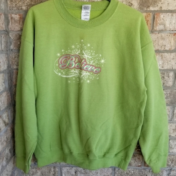 GREEN Christmas Holiday BELIEVE Sweatshirt Long Sleeve (Womens L) Glitter Logo - Picture 1 of 6